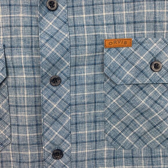 Orvis Woven Tech Shirt Mens M Medium Copen Blue Pocket Button Up Plaid - Picture 4 of 12